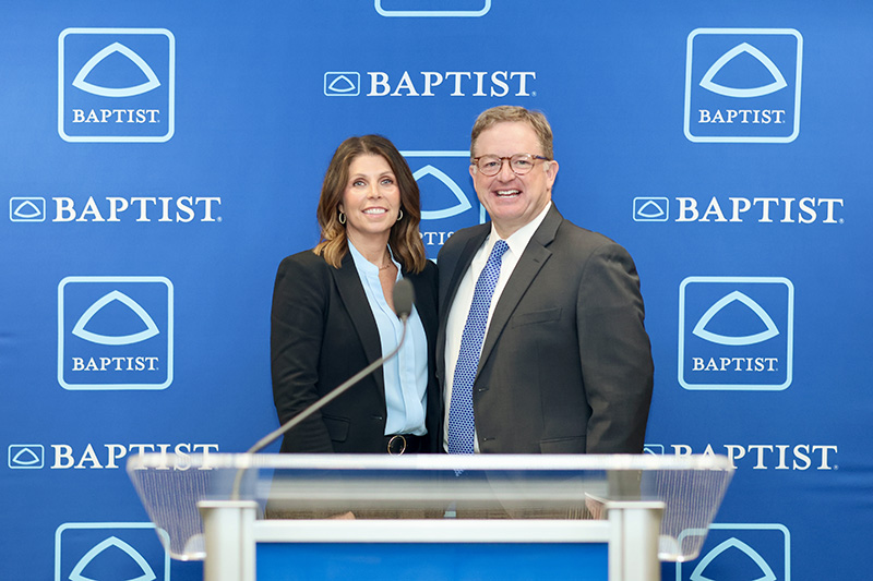 Melanie Edens, administrator and CEO of Baptist Paragould (left) with Jason Little, president and CEO of Baptist, at the news conference on March 20